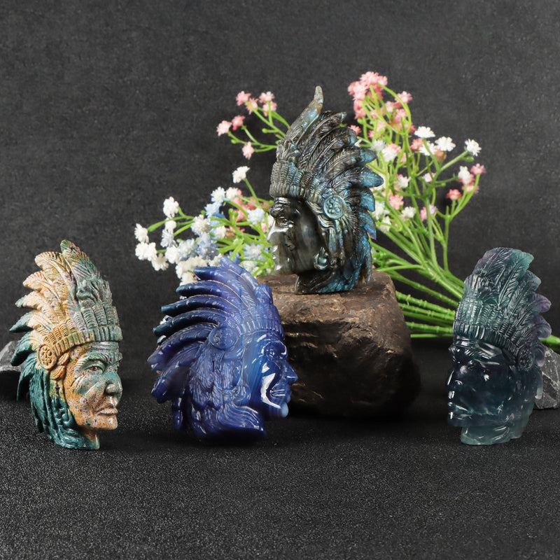 3.2inches Labradorite Crystal Skull Indian Chiefs Hand Carved Bust Head Figurines Art Sculpture Healing Gemstone