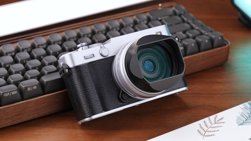 Haoge Metal Squaret Lens Hood for Fujifilm X-E5 & XF 23mm f2.8 Set Fujinon XF27mmF2.8 R WR Lense 39mm Screw-in Hood Black,with Metal Cap, on XE5 Camera Body Kit