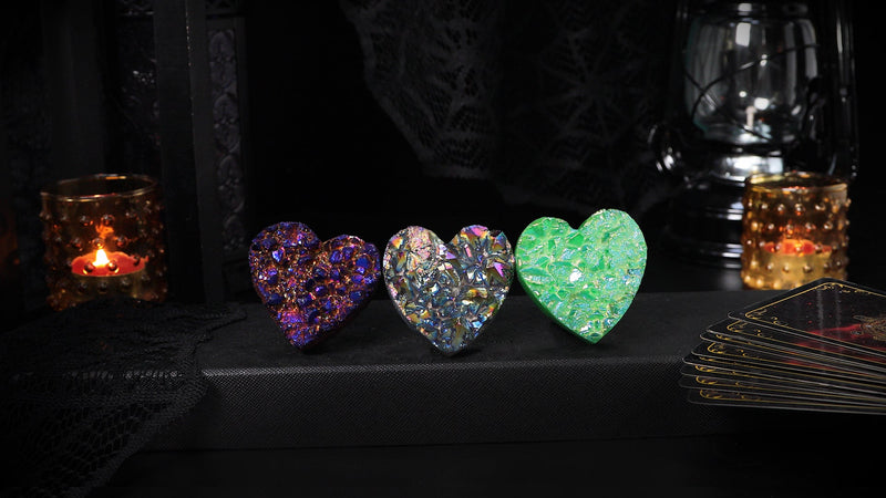 SUNYIK Heart Purple/Gold Rainbow Titanium Coated Rock Quartz Cluster Druzy