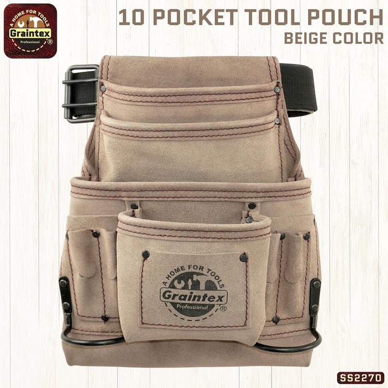 Graintex SS2270 10 Pocket Nail & Tool Pouch Beige Color Suede Leather with 2” Leather/Webbing Belt for Constructors, Electricians, Plumbers, Handymen
