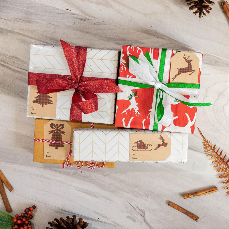 Plaid Christmas Silhouettes Brown Kraft Gift Tag Stickers – 2 x 3 Inch Holiday Labels, Set of 25 – 4 Festive Designs: Reindeer, Bell, Sleigh, Tree – Made in The USA