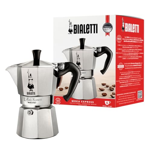 Bialetti Moka Express 6-cup stovetop espresso maker in natural silver for rich Italian coffee brewing.