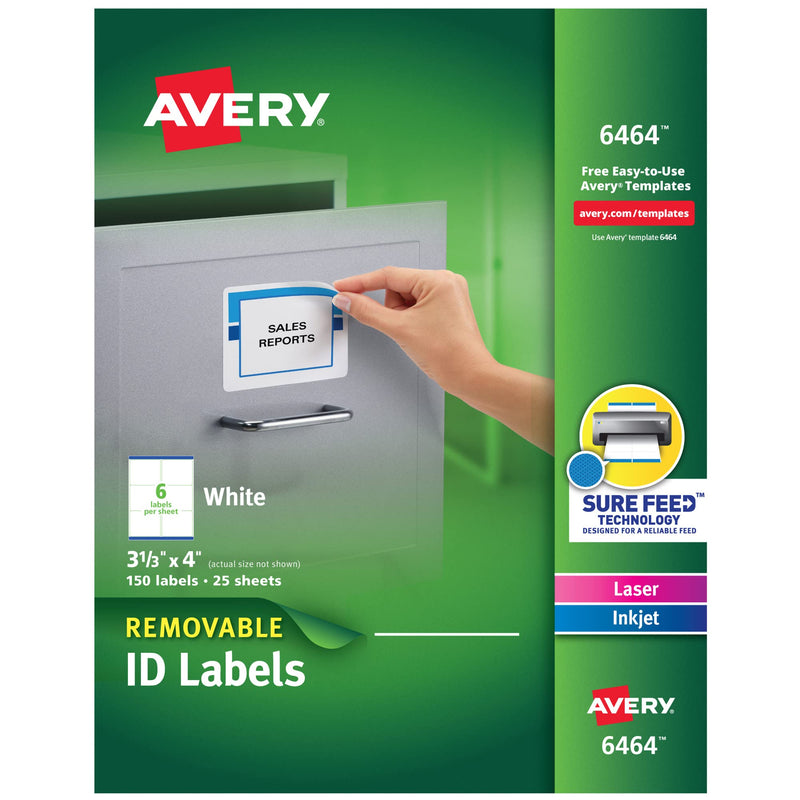Avery Removable ID Labels, Sure Feed Technology, Removable Adhesive, 3-1/3" x 4", 150 Labels (6464) 0