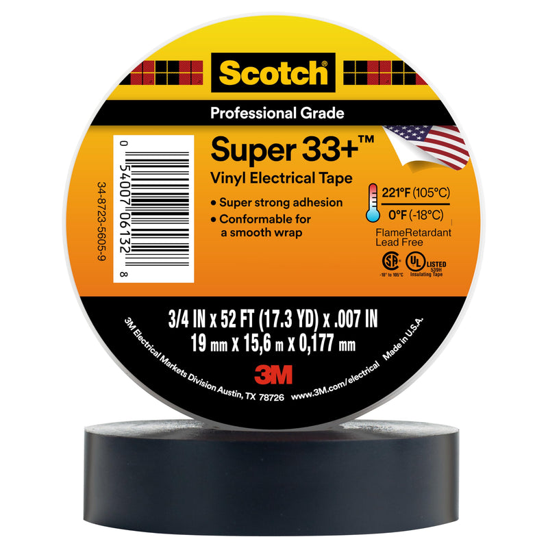 3M Scotch Super 33+ Electrical Tape - 3/4 in x 52 ft, Premium Grade All-Weather Vinyl, Resistant to Abrasion, Moisture, Corrosion, Alkalies - Black, 1 Roll 3/4" X 52'
