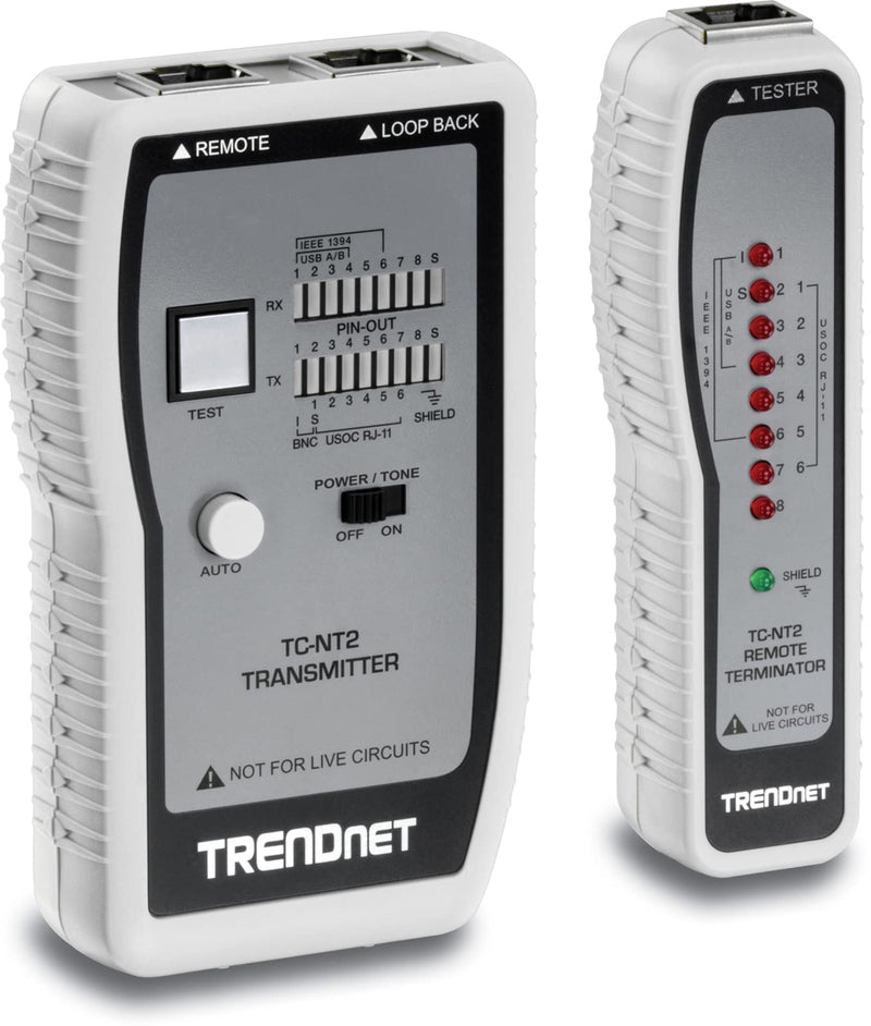 [Australia - AusPower] - TRENDnet Network Cable Tester, Tests Ethernet, USB and BNC Cables, Accurately Test Pin Configurations up to 300m (984 ft), Local and Remote Testing, Includes BNC to Ethernet Converters, White, TC-NT2 Network Cables Tester 