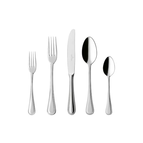 Villeroy & Boch Neufaden Merlemont 5-piece dinnerware set for one, includes plate, bowl, cup, and saucer on a white background.