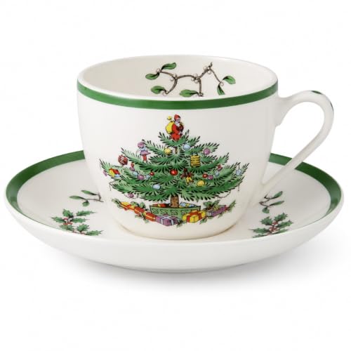 Spode Christmas Tree 7 Oz Teacup & Saucer Set - Holly & Mistletoe Accents
