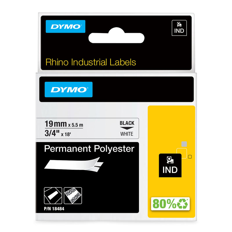 DYMO Rhino Industrial Permanent Polyester Labels 3/4" Black Print on White Tape