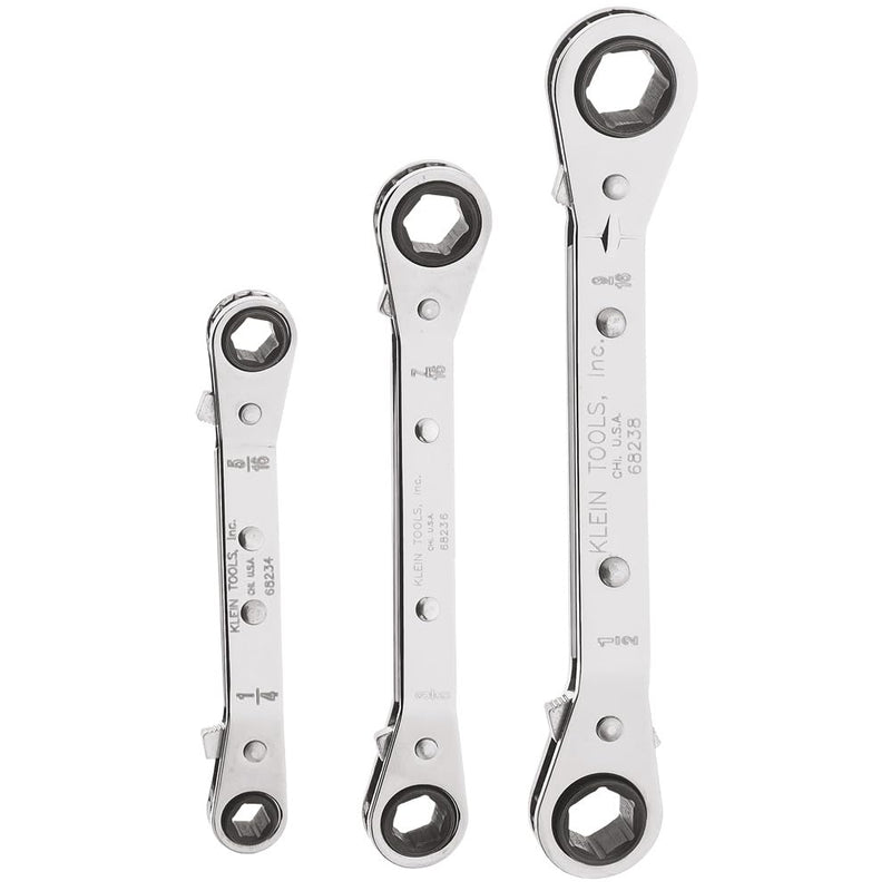 KLEIN TOOLS 68244 Ratcheting Offset Box Wrench Set, Made in USA, Fully Reversible, 3-Piece