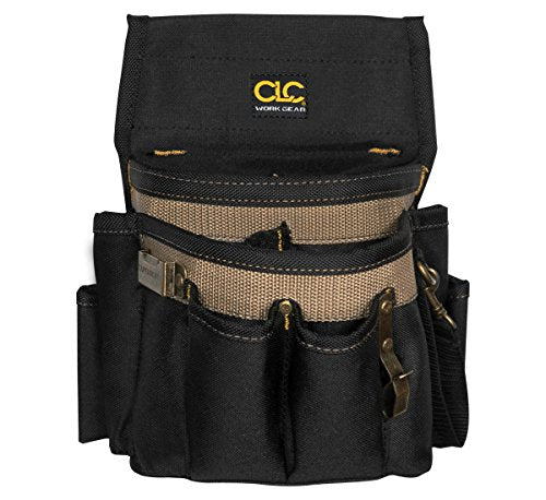 Custom Leathercraft 1505 electrician's tool pouch with 10 pockets in black and tan leather