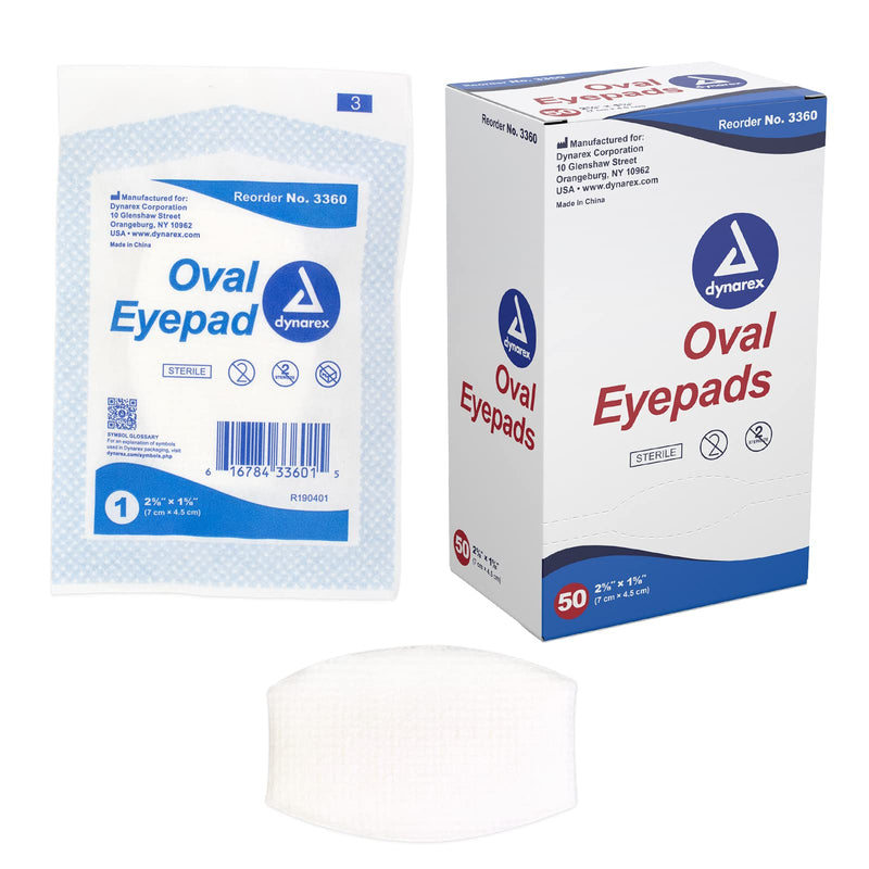 [Australia - AusPower] - Dynarex Sterile Oval Eye Pads - Individually Wrapped Cotton Patches with Mesh Covering - Single Use, Comfortable, Absorbent Sterile Pads for Eyes - 2.63x1.63", 1 Box of 50 