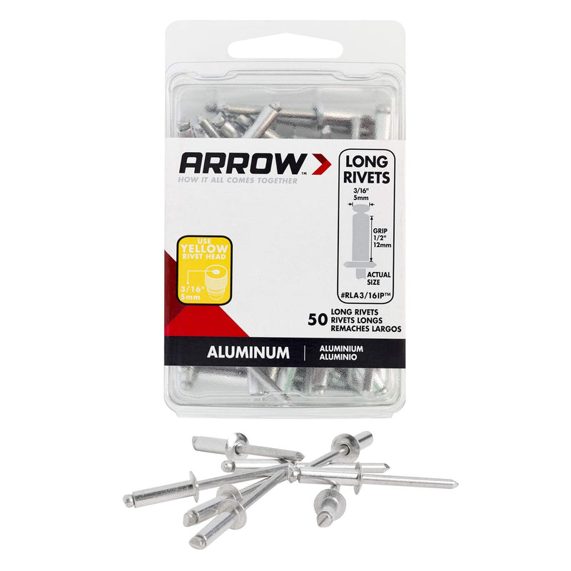 Arrow RLA3/16IP Long Aluminum 3/16-Inch Pop Rivets for Metal, Fabric, Leather, and Auto Repair, 50-Pack