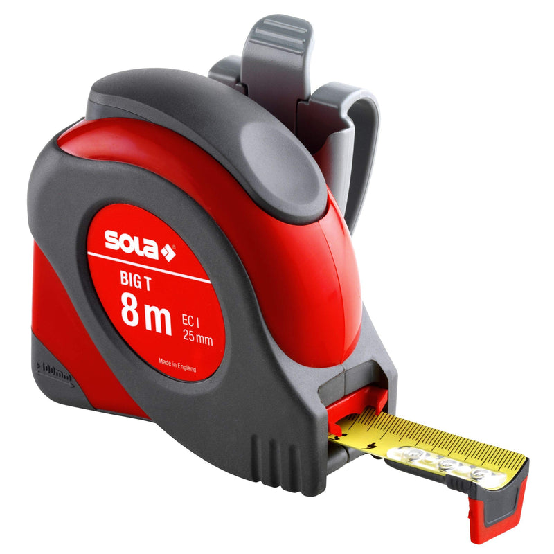 SOLA Big T Tape Measure 8 m / 25 mm Extremely Robust Professional Tape Measure with Belt Clip Steel Tape Painted Yellow with mm Scale Accuracy Class I Roll Meter with Non-Slip End Hook Length 8 m / 25 mm