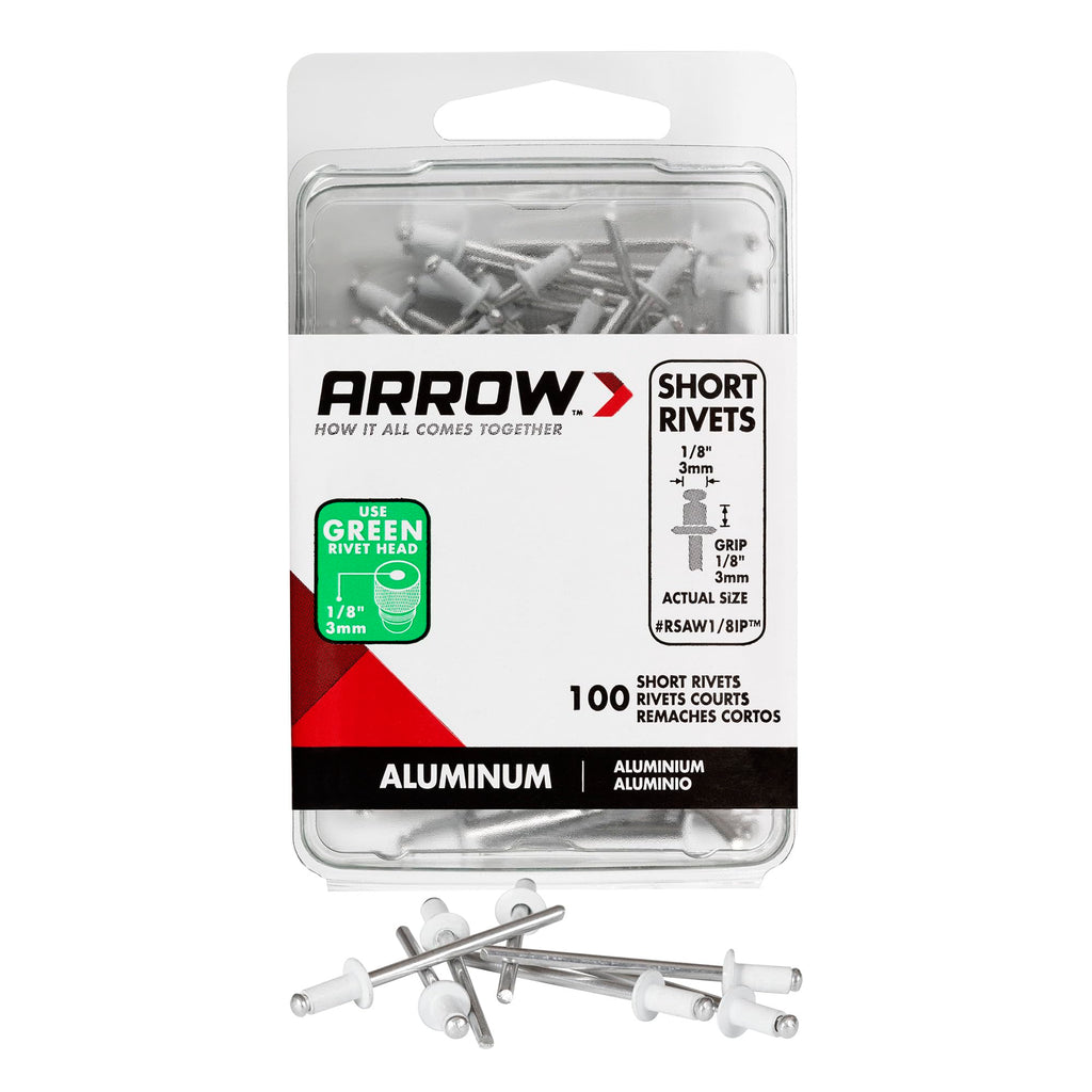 Arrow RSAW1/8IP Short Aluminum 1/8-Inch Pop Rivets for Metal, Fabric, Leather, and Auto Repair, 100-Pack