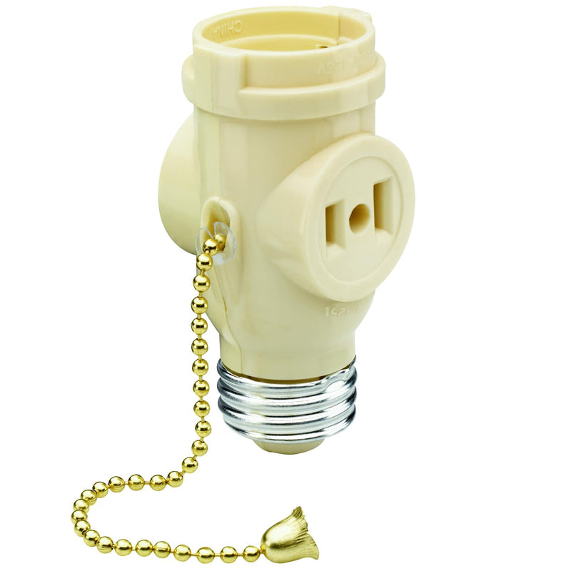 [Australia - AusPower] - Legrand Pass & Seymour 1406ICC10 250W 125V Medium Base A26 Lampholder Adapter with Two Outlets, Pull Chain On/Off, Ivory (1 Count) 