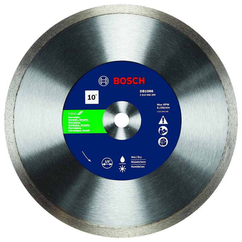 BOSCH DB1066 10 in. Rapido Premium Continuous Rim Diamond Blade with 5/8 in. Arbor for Clean Cut Wet/Dry Cutting Applications in Porcelain, Ceramic, Granite