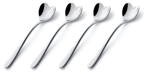 Set of four Alessi heart-shaped coffee and espresso spoons with stainless steel handles and polished finish.