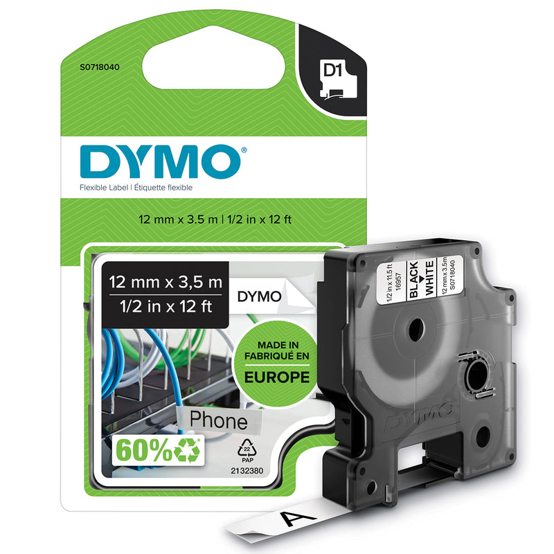 Dymo D1 High-Performance Flexible Nylon Fabric Tape For DYMO LabelManager Label Makers, 1/2" x 12’, Black Print on White 12 mm
