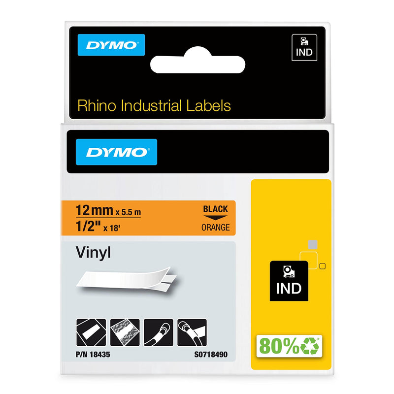 DYMO Rhino Industrial Vinyl Labels 12 mm x 5.5 m Black Print on Orange Self-Adhesive for Rhino & LabelManager Label Makers Black on Orange 1/2" (12MM)