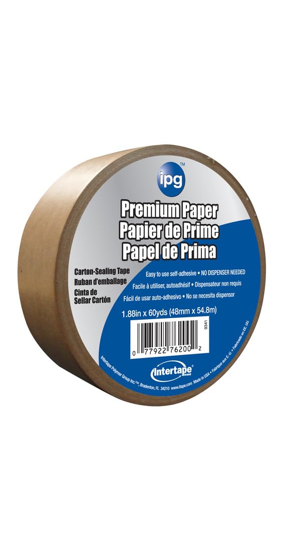 IPG 9341 Kraft Paper Flatback Premium Packing Tape, 1.88" x 60 yd, Brown, (Single Roll) (packaging may vary) Kraft Single Roll