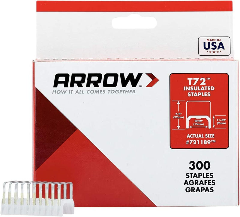 Arrow 721189 T72 Heavy Duty Steel Insulated Staples for Installing Cable/Wiring, 11/32-Inch Leg Length, 19/32-Inch Crown, 300-Pack