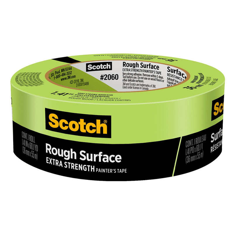 Scotch Painter's Tape Rough Surface Extra Strength Painter's Tape, Green, Tape Protects Surfaces and Removes Easily, Rough Surface Painting Tape for Indoor and Outdoor Use, 1.41 Inches x 60.1 Yards, 1 Roll