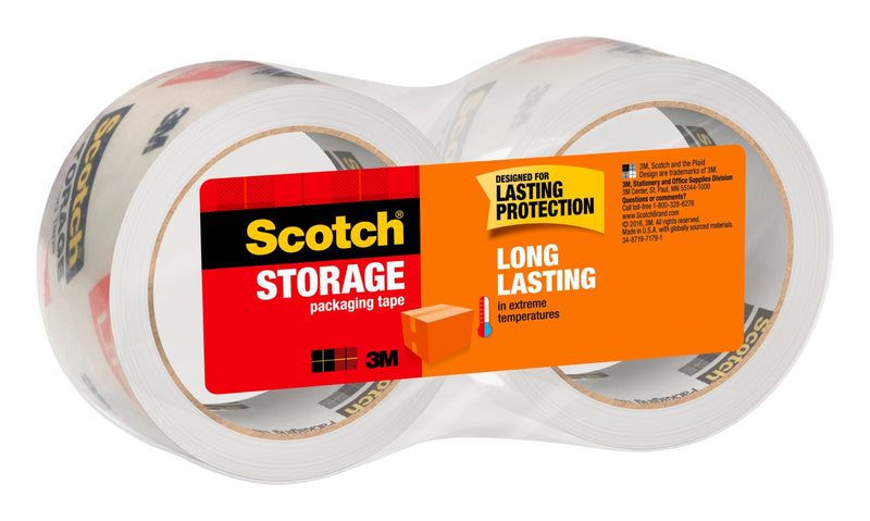 Scotch Long Lasting Storage Packaging Tape, 1.88" x 54.6 yd, Designed for Storage and Packing, Stays Sealed in Weather Extremes, 3" Core, Clear, 2 Rolls (3650-2)