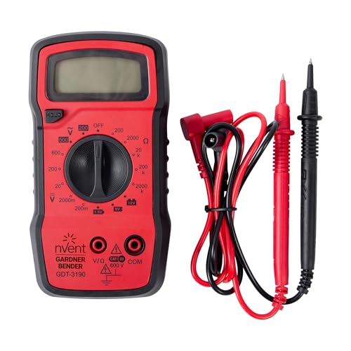Gardner Bender GDT-3190 digital multimeter with red body, black rubber boot, and manual 4-function controls
