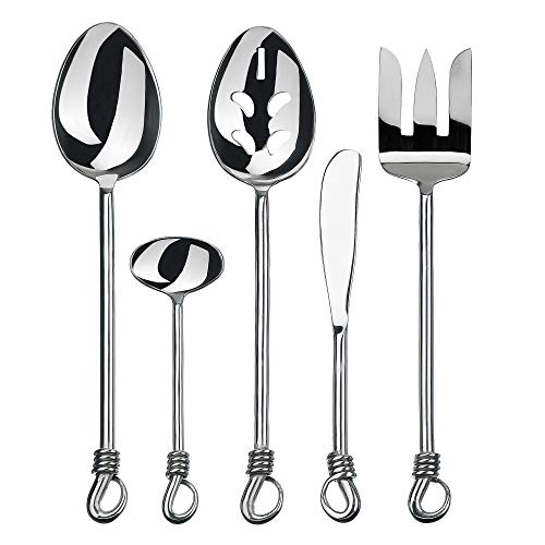 Gourmet Settings 5-Pieces Hostess Silverware Twist Collection Polished Metal Flatware Serving Set, Stainless Steel Kitchen Utensils Knife/Fork/Spoons (34-701) 5pc Hostess Set