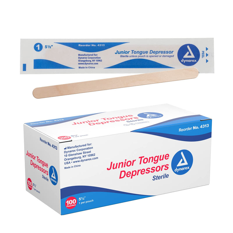 [Australia - AusPower] - Dynarex Tongue Depressors, Sterile, 5.5" Junior-Sized Length, Made from Beige Birch Wood, Comes in Peel-Down Patches, 1 Box of 100 