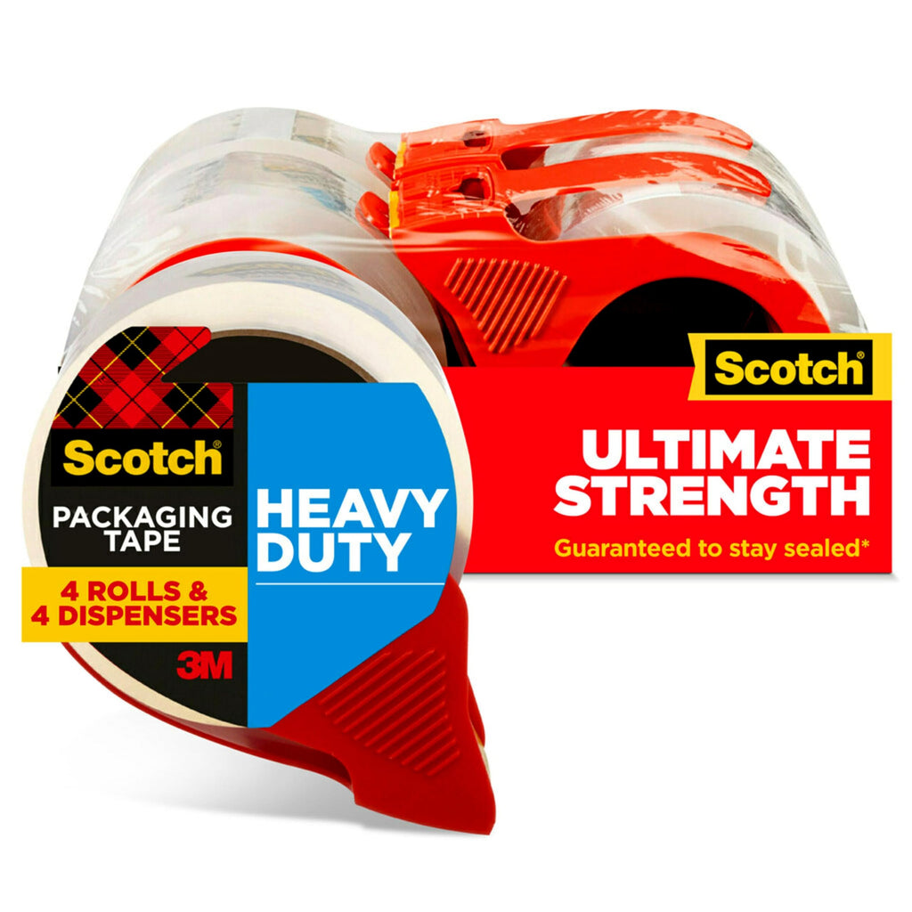 Scotch Heavy Duty Shipping and Moving Packing Tape, Clear, Packing and Moving Supplies, 1.88 in. x 54.6 yd., 4 Tape Rolls with 4 Dispensers 4 Rolls