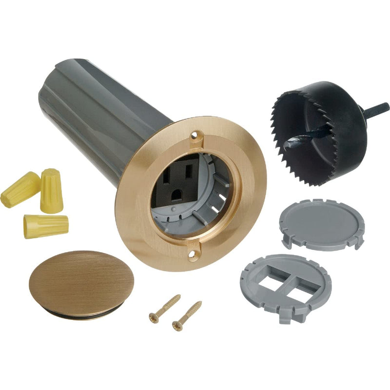 Steel City E971FBDI-2 One-Gang Drop in Floor Box with Hole Saw, 11.8 Cubic Inches, Non-Metallic with Brass Cover, Pre-Wired Single Receptacle