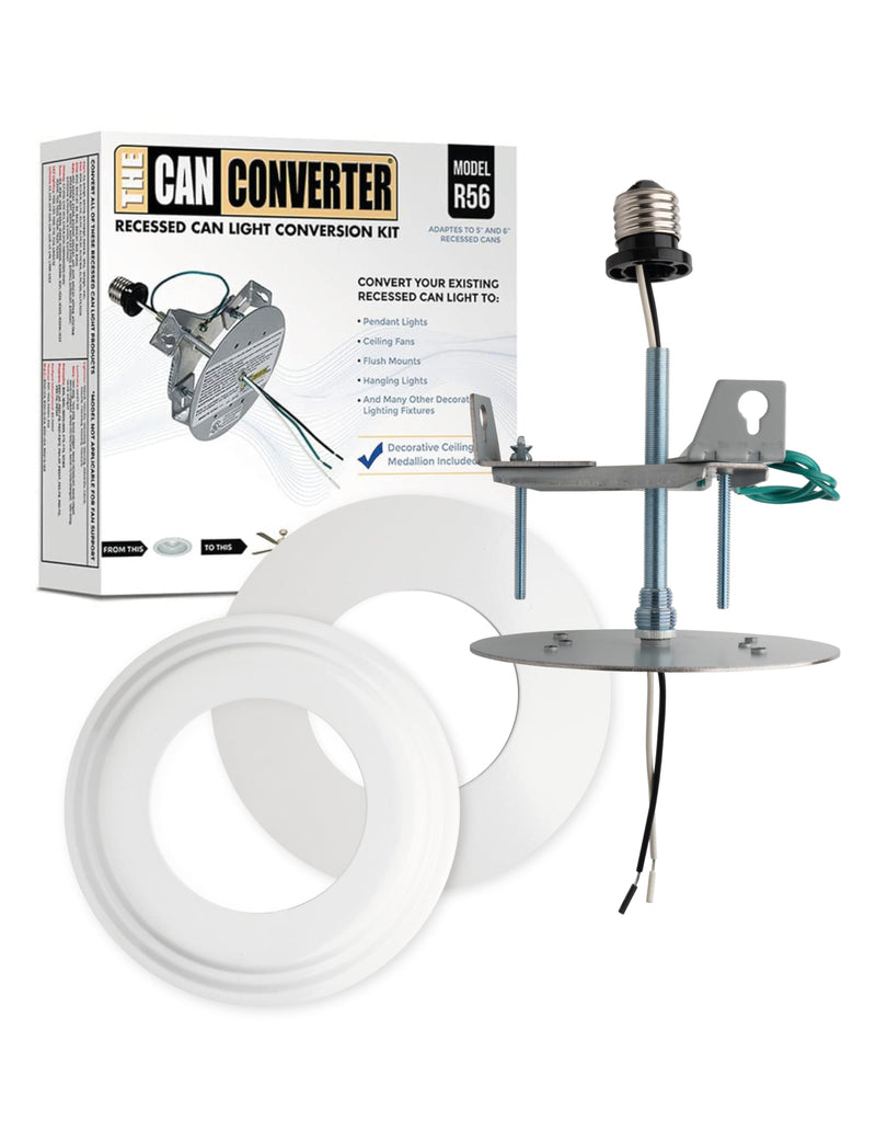 The Can Converter R56 Recessed Can Light Conversion Kit w/ 7"¾ Flat & Beveled Steel Ceiling Medallion - Home Improvement for 5" & 6" Cans, Fan & Light Fixture Converter Kit, UL Certified, White