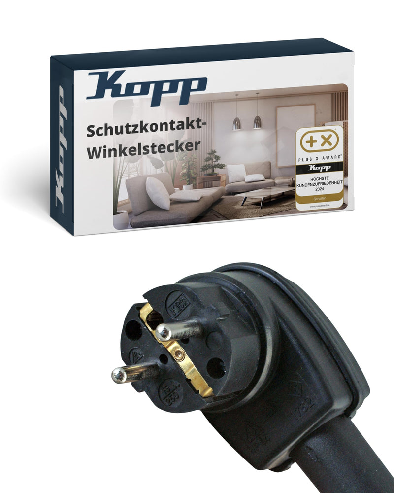 Kopp 178216009 Angled Earthing Plug Solid Rubber Shatterproof and Stable IP44 Suitable for Damp Rooms with Kink Protection Sleeve for Cables up to 3 x 2.5 mm² Black, black, 178216009
