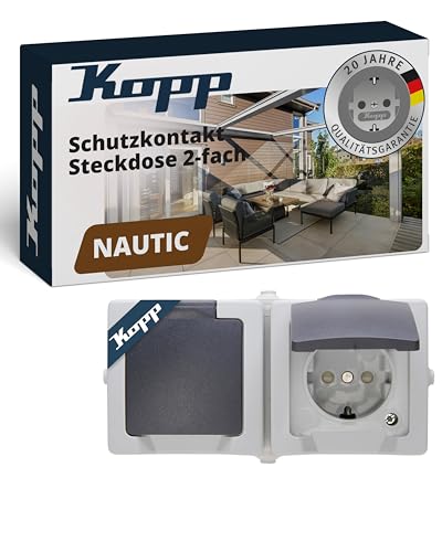Kopp Nautic Double Socket Surface-Mounted for Wet Rooms with Hinged Lid & Touch Protection, Earthing Contact Socket 16 A / 250 V / IP44, Surface-Mounted Socket, Grey, 137056002 2-gray 2-gang horizontal