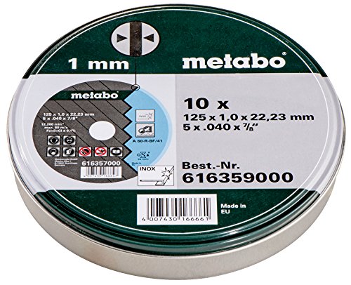 Metabo Promotion Cutting Discs 125 x 1.0 x 22.23 Stainless Steel Pack of 10 in Metal Tin, 6.16359.00 | Thin stainless steel cutting discs TF 41 for metalworking, long service life, iron-free, for angle grinders, pack of 10 Single