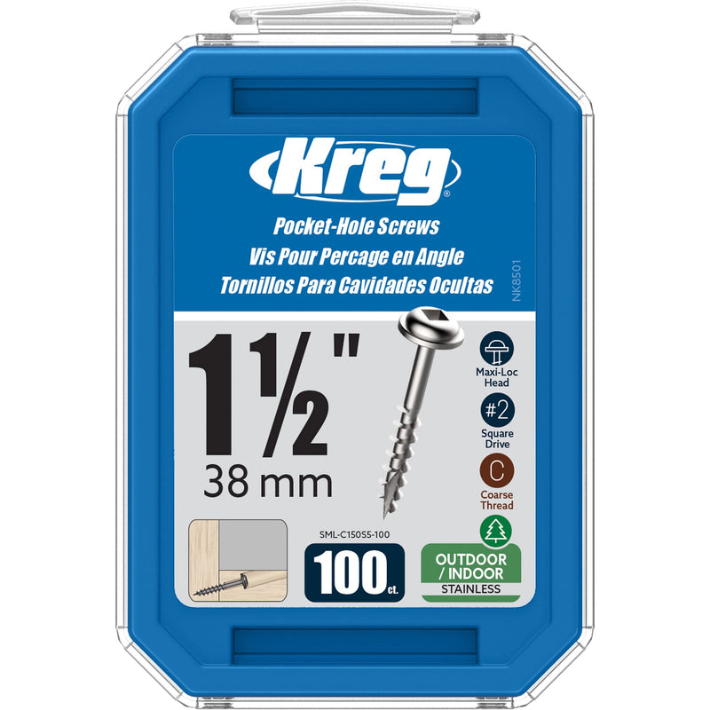 Kreg Stainless Steel Pocket Hole Screws - SML-C150S5-100 - 1-1/2-Inch - Coarse Thread - Maxi-Loc Head - Outdoor - 100 Count