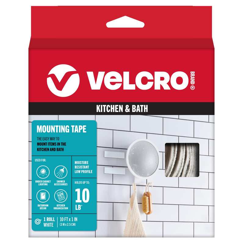 [Australia - AusPower] - VELCRO Brand Kitchen and Bath Mounting Tape. Moisture Resistant Thin Design for Flush Mount. 10ft Heavy Duty Roll Holds 10 pounds. Easy Peel and Stick Application, White 10ft x 1in 