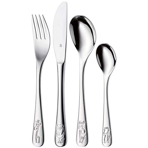 WMF Safari children's flatware set with four stainless steel pieces, including fork, knife, spoon, and teaspoon for kids.