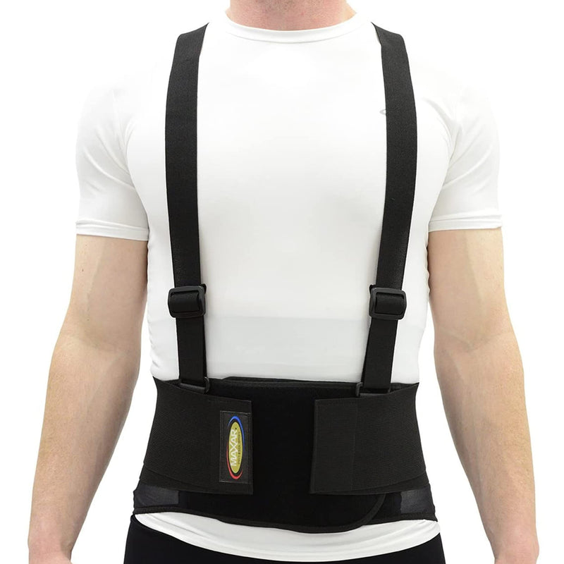 [Australia - AusPower] - Industrial Back Brace for Work, Adjustable Double Pull & Removable Suspenders/Straps, Ideal for Lumbosacral Back Pain Relief & Heavy Lifting, 8" Wide, Unisex (Black, Large) 