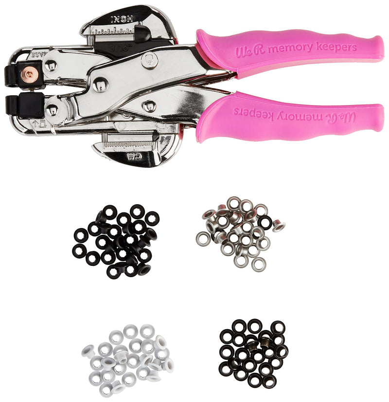 We R Memory Keepers- Crop-A-Dile Eyelet Setter Punch Kit, Pink, Includes 100 Eyelets, Comfort Handle, for 1/8 or 3/16 Inch Holes, Metal, Craft Paper, Leather, Fabric and More Single