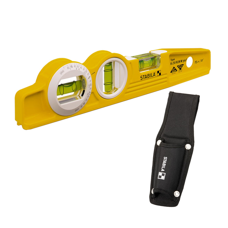STABILA Magnetic Spirit Level Type 81 SV REM W360 Torpedo with Bag, 25 cm, Cast Aluminum Profile, Rare Earth Magnetic System, 1 Six-Ring Horizontal/1 Vertical/1 Angle Level Made in Germany With magnet, belt bag and 360° angle level