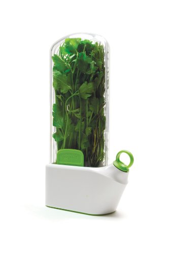 Clear Prepara Herb Savor food jar for fresh herbs, featuring a sleek design and airtight lid for storage.