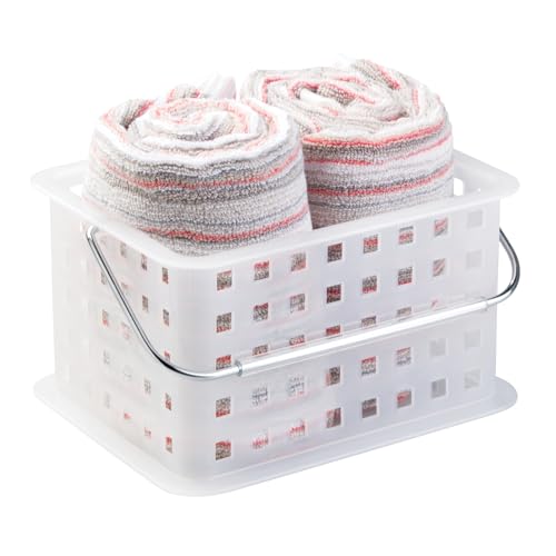 Clear frost iDesign small shower caddy with multiple compartments, designed for organizing bathroom essentials.