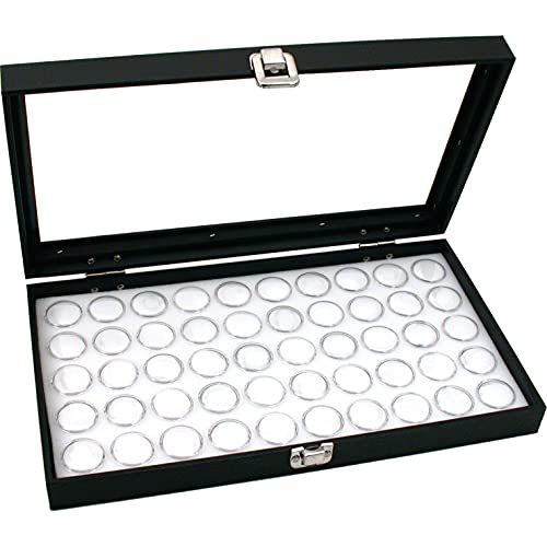 White glass top jewelry display case with 50 small gem jars and trays, ideal for organizing and showcasing jewelry pieces.