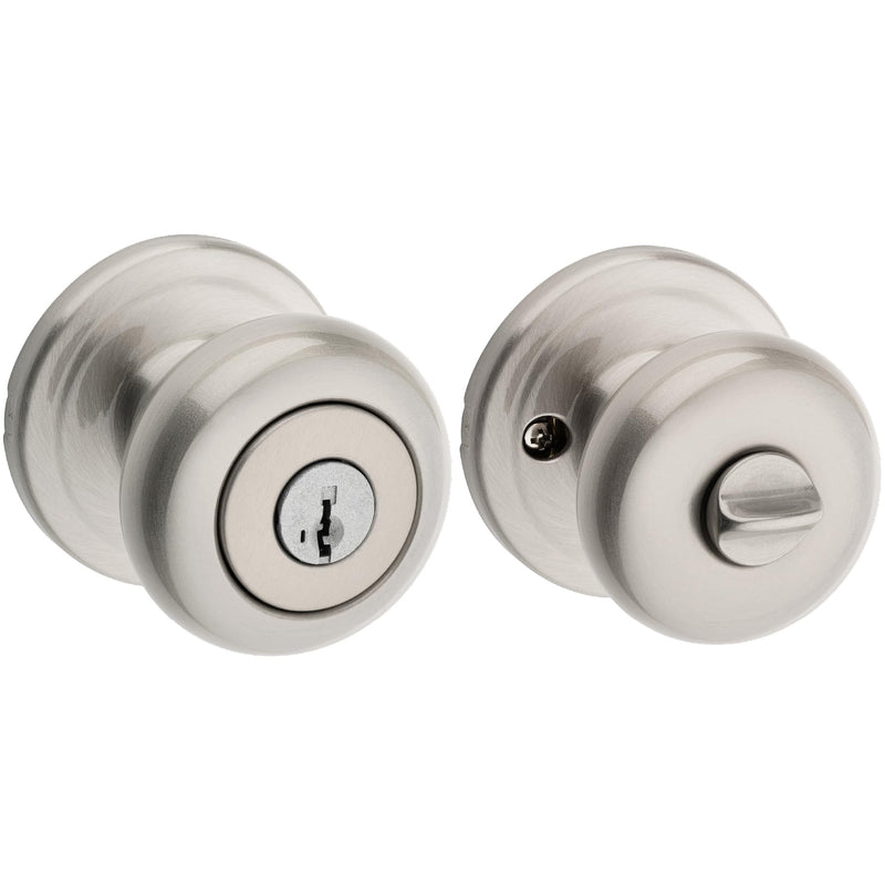 Kwikset Juno Entry Door Knob with Lock and Key, Secure Keyed Handle Exterior, Front Entrance and Bedroom, Satin Nickel, Pick Resistant SmartKey Rekey Security and Microban, 2 1 Pack Keyed Entry