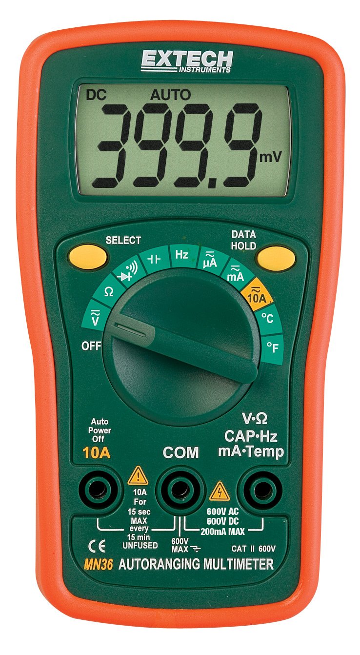 [Australia - AusPower] - Extech MN36 MiniTec Autoranging Digital Mini Multimeter - 600 V AC/DC, 10 A, Temperature, Resistance, Capacitance, Frequency, Continuity/Diode, Protective Holster & Tilt Stand Included Auto Ranging 
