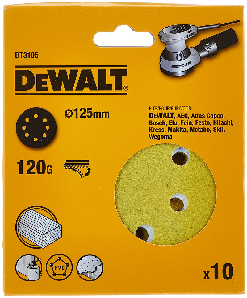 DeWALT DT3105-QZ Sanding Disc, 125 mm, K120 8-L Pack of 10 Ochre