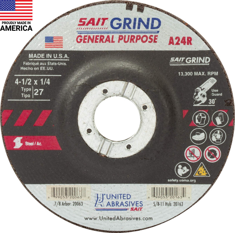[Australia - AusPower] - United Abrasives-SAIT 20063 A24R General Purpose/Long Life Grinding Wheel (Type 27/Depressed Center) 4 1/2" x 1/4" x 7/8", 25-Pack 