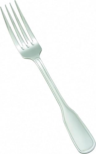 Set of 12 Winco Oxford European dinner forks in 18-8 stainless steel, with sleek, polished finish and classic design.